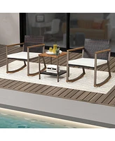 Sugift 3 Pieces Rattan Rocking Bistro Set with Coffee Table and Cushions