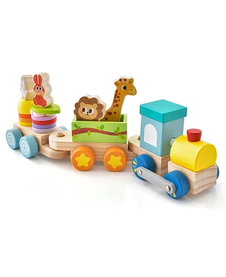 Costway Wooden Stackable Train Set Kids Educational Fun Cars with Animal Toys & Locomotive - Assorted pre