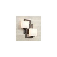 Possini Euro Design Lighting on the Square Modern Wall Light Sconce Bronze Hardwired 13 3/4" Wide 2-Light Fixture Opal Glass Shade for Bedroom Bathroo