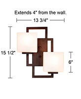 Possini Euro Design Lighting on the Square Modern Wall Light Sconce Bronze Hardwired 13 3/4" Wide 2-Light Fixture Opal Glass Shade for Bedroom Bathroo