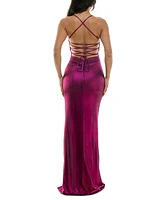 Emerald Sundae Juniors' High-Slit Low-Back Evening Gown