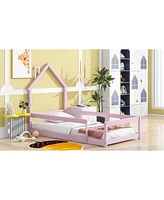 Streamdale Furniture Twin Size Wood Bed With Houseshaped Headboard Floor Bed With Fences, Pink