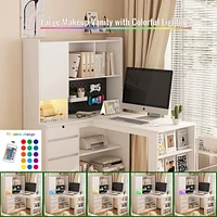 Simplie Fun L Shaped Desk with Charger, Computer Desk with Drawers, Bookshelf & Hutchwith Led Light, Modern Corner Desk, Home Office Desk, L