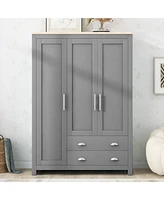 Three Door Storage Wardrobe with Cabinets and Two Hanging Rods, Gray