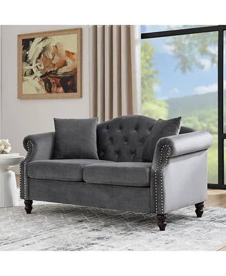 Simplie Fun Classic Chesterfield Sofa 2-Seater with Nailhead Trim and Velvet Fabric