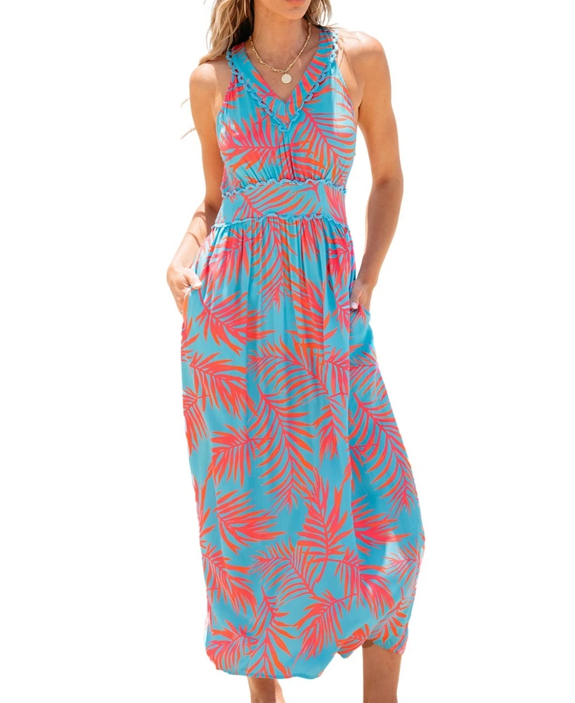 Cupshe Women's Blue & Red Tropical Sleeveless V-Neck Maxi Beach Dress