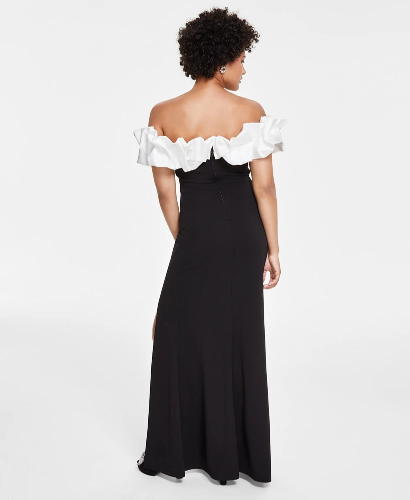 City Studios Junior's Satin Ruffle Off-The-Shoulder Gown