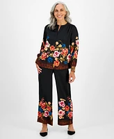 Jm Collection Petite Pull-On Floral Satin Pants, Created for Macy's