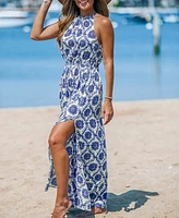 Cupshe Women's Blue & White Ornate Halterneck Maxi Beach Dress