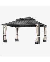 Mondawe Aluminum Craftsmanship 12x16 Outdoor Hardtop Gazebo with Netting, and Curtains Galvanized Iron Dual Swift-Splicing Design Roof Canopy