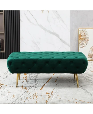 Streamdale Furniture Velvet Button Tufted Bench with Gold Metal Legs, Green