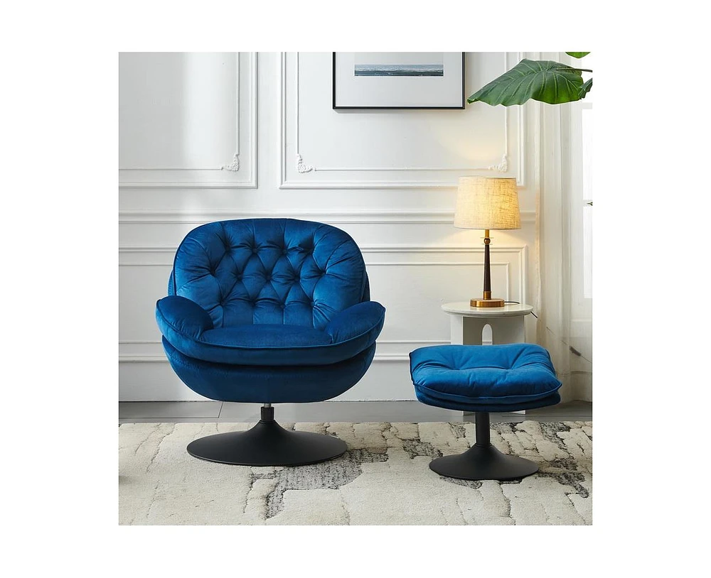 Streamdale Furniture Swivel Leisure chair lounge chair velvet blue color with ottoman