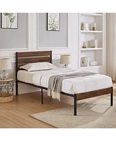 Streamdale Furniture Twin Size Bed Frame with Wood Headboard, Metal Frame with Strong Slats, Noise Free, No Box Spring Needed-Brown