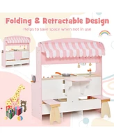 Costway 2 in 1 Kids Play Kitchen & Restaurant Double-Sided Pretend Playset with Canopy