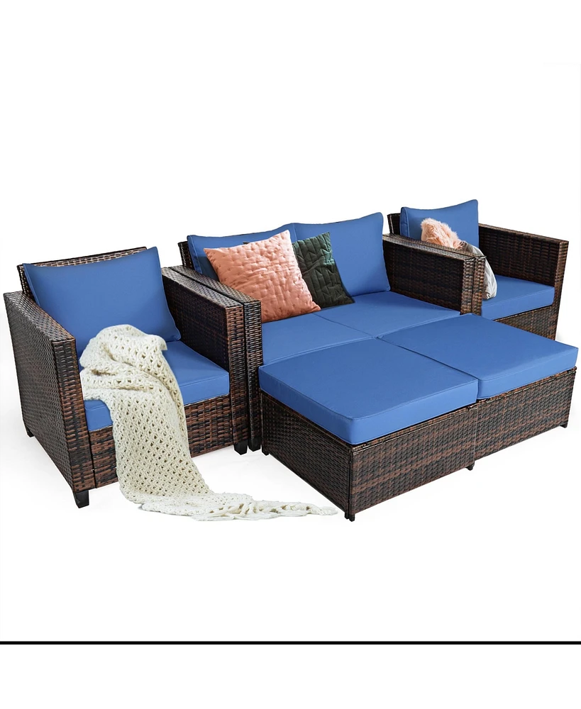 Gymax 5PCS Outdoor Patio Rattan Conversation Sofa Furniture Set w/ Navy Cushions