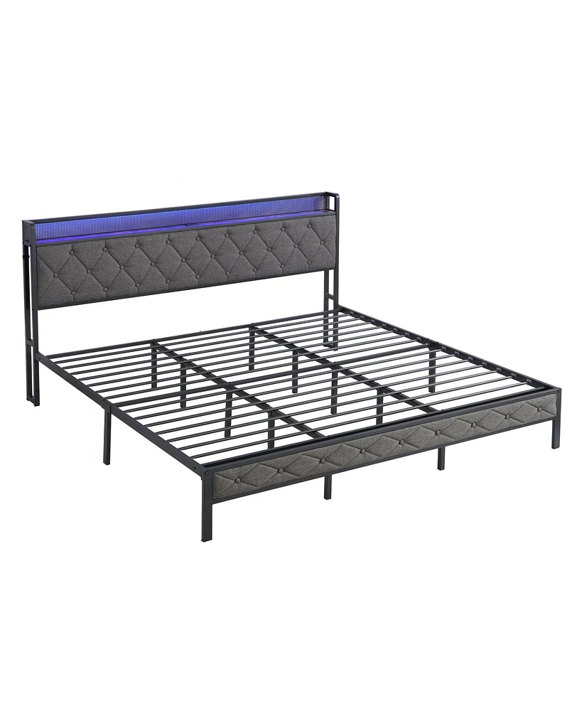 Mondawe King Bed Frame with Storage Headboard, Charging Station and Led Lights, Upholstered Platform Bed with Heavy Metal Slats