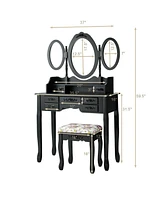 Sugift Vanity Set with Tri-Folding Mirror and Cushioned Stool