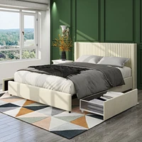 Streamdale Furniture Anna Patented 2-Drawer Storage Bed Queen Ivory Velvet Upholstered Wingback Platform Bed Modern Design Headboard with Tight Channe