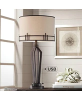 Franklin Iron Works Picket Modern Industrial Table Lamp with Usb Charging Port 28" Tall Oil Rubbed Bronze Iron Oatmeal Fabric Drum Shade for Living Ro