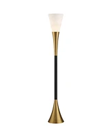 Possini Euro Design Piazza Mid Century Modern Glam Style Torchiere Floor Lamp 72.5" Tall Black Antique Brass Metal White Glass Shade for Living Room R