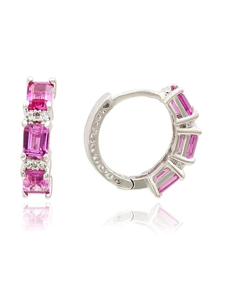 Suzy Levian New York Pink Sapphire & Lab-Grown White Sapphire Emerald-Cut Huggie Hoop Earrings in Sterling Silver by Suzy Levian