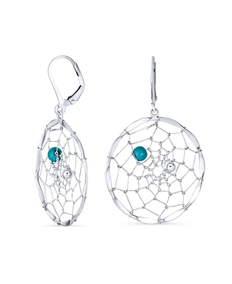 Bling Jewelry Blue Synthetic Turquoise Lever back Western Native American Indian Large Round Dream Catcher Earrings For Women Sterling Silver