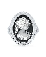 Bling Jewelry Classic Antique Victorian Style Women Framed Portrait Black White Oval Carved Cameo Ring For Women Sterling Silver