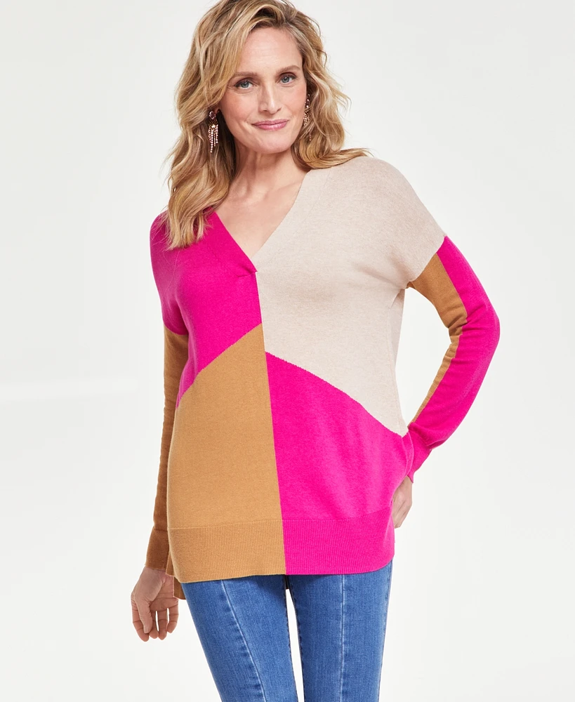 I.n.c. International Concepts Women's Colorblocked V-Neck Stephem Sweater, Created for Macy's