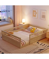 Streamdale Furniture Full Floor Bed Frame with Fence, Wood Kids Floor Beds Frame for Bedroom Playroom, Natural date Jul. 10th)