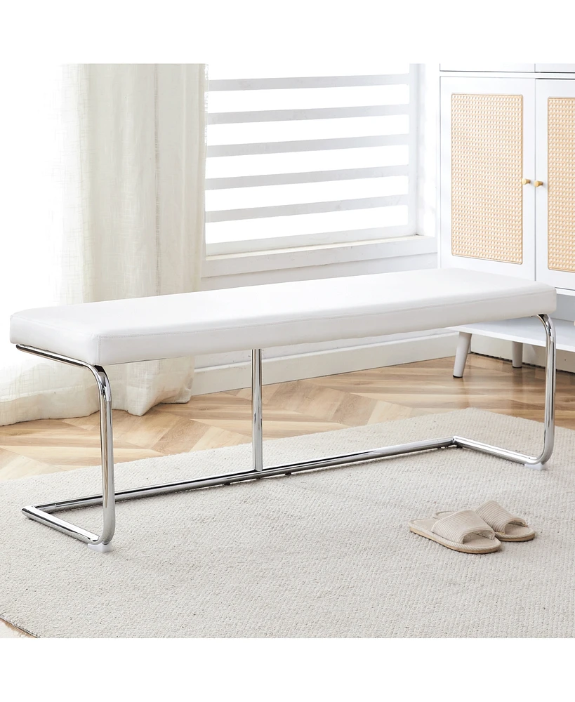 Simplie Fun Versatile White Leather Bench with Silver Metal Legs for Multiple Rooms