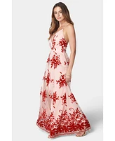 Bebe Women's Plunge Neck Embroidered Maxi Dress