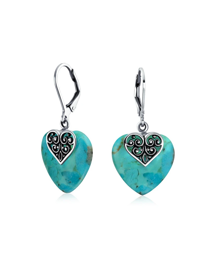 Bling Jewelry Boho Bali Style Scroll Filigree Blue Natural Turquoise Heart Shaped Dangling Earrings For Women Oxidized Sterling Silver Lever back