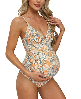 Cupshe Maternity Floral V-Neck Ruched One-Piece Swimsuit