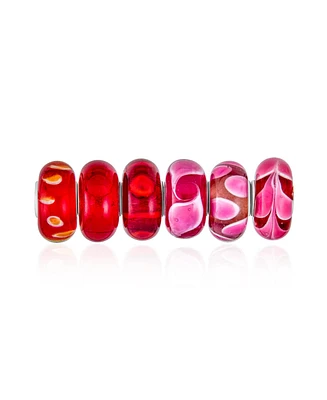 Bling Jewelry Mixed 6 Set Of Bundle Sterling Silver Core Translucent Shades Of Red Pink Murano Glass Swirl Flower Charm Bead Spacer Fits European Brac