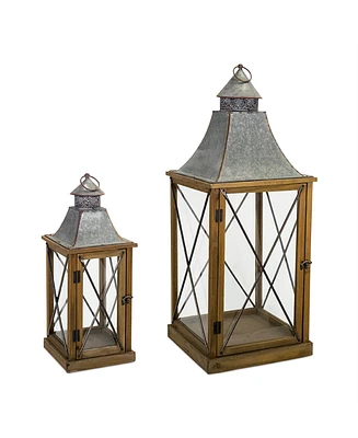 Slickblue Rustic Wood Lantern With Galvanized Metal Lid (Set of 2)