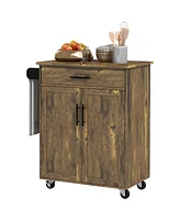 Homcom Wooden Indoor Moving Microwave Cart with Interior Cabinet & Towel Rack