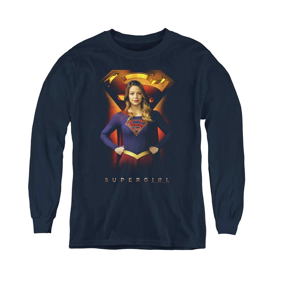 Supergirl Boys Youth Standing Symbol Long Sleeve Sweatshirts