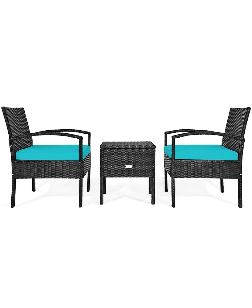 Gymax 3PCS Rattan Patio Conversation Furniture Set w/ Storage Table Turquoise Cushion