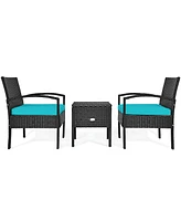 Gymax 3PCS Rattan Patio Conversation Furniture Set w/ Storage Table Turquoise Cushion