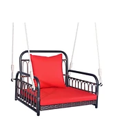 Slickblue Patio Rattan Porch Swing Hammock Chair with Seat Cushion-Red