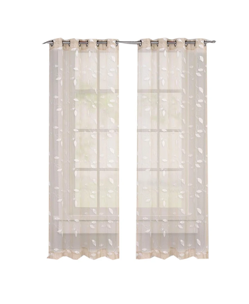 Caromio Floral Leaves Embroidered Grommet Sheer Window Curtain Panels Set