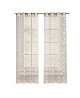 Caromio Floral Leaves Embroidered Grommet Sheer Window Curtain Panels Set