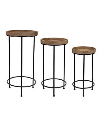 Slickblue Round Wood And Metal Plant Stand Table (Set of 3)