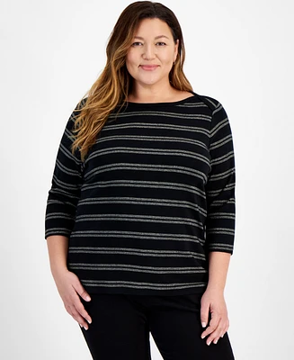 Style & Co Plus Size Printed Cotton Boat-Neck 3/4-Sleeve Top, Created for Macy's
