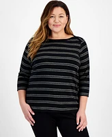 Style & Co Plus Size Printed Cotton Boat-Neck 3/4-Sleeve Top, Created for Macy's