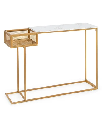 Slickblue Rectangular White Faux Marble Console Table with Storage-Gold