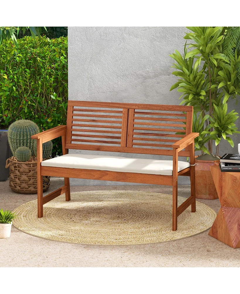 Costway Patio Bench Outdoor Solid Wood Loveseat Chair with Backrest & Cushion Porch Garden