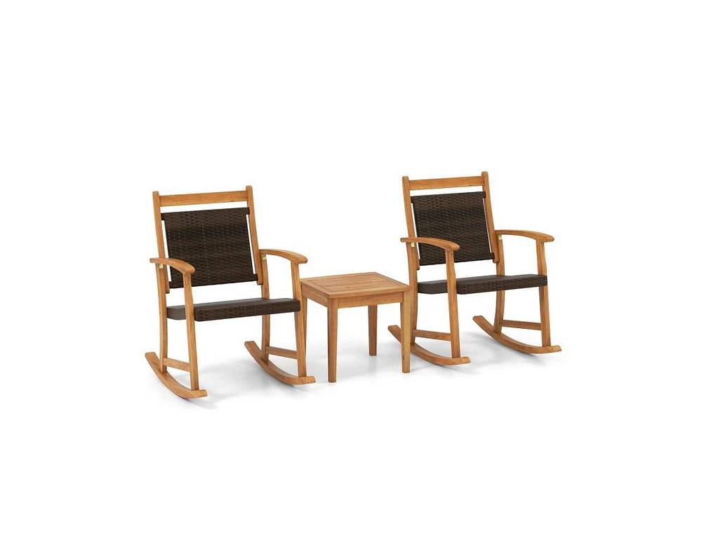 Slickblue 3 Pieces Acacia Wood Patio Rocking Chair Set with Side Table