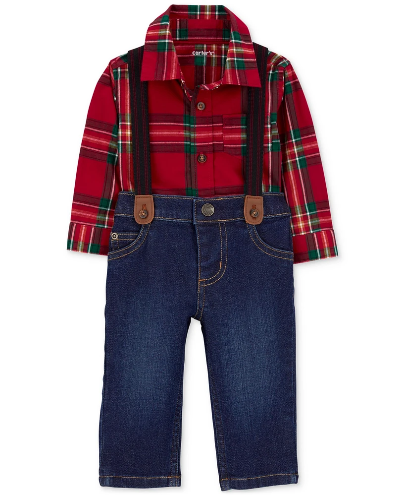 Carter's Baby Boys Dress Me Up 3-Pc. Plaid Bodysuit, Suspenders & Jeans Set