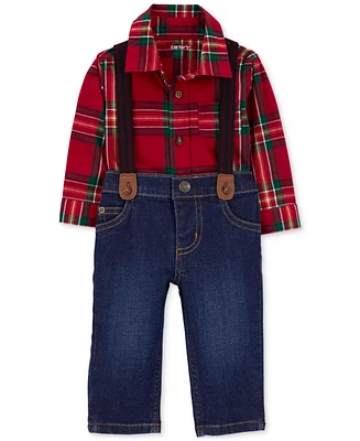 Carter's Baby Boys Dress Me Up 3-Pc. Plaid Bodysuit, Suspenders & Jeans Set